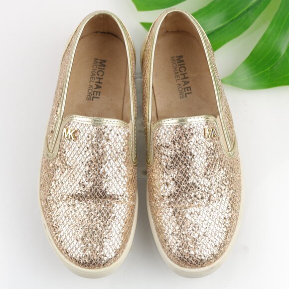 Michael Kors Girls Ivy Eileen Shoe Size 3 Gold Metallic Embossed Slip On Flats - Picture 11 of 12
